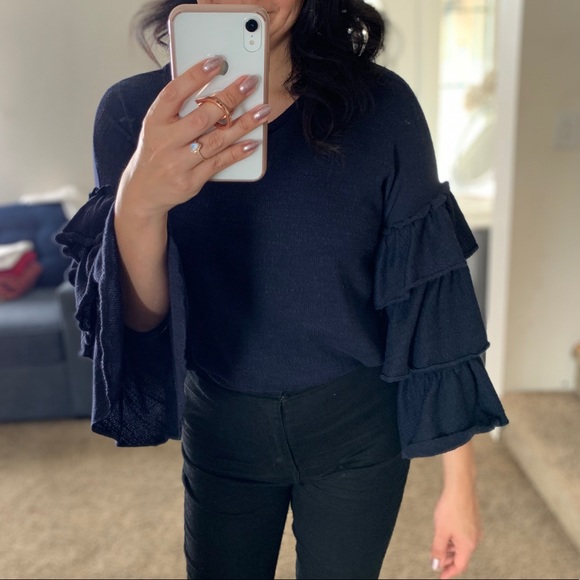 RO & DE Navy Blue Sweater Top Ruffle Sleeve - Picture 3 of 7